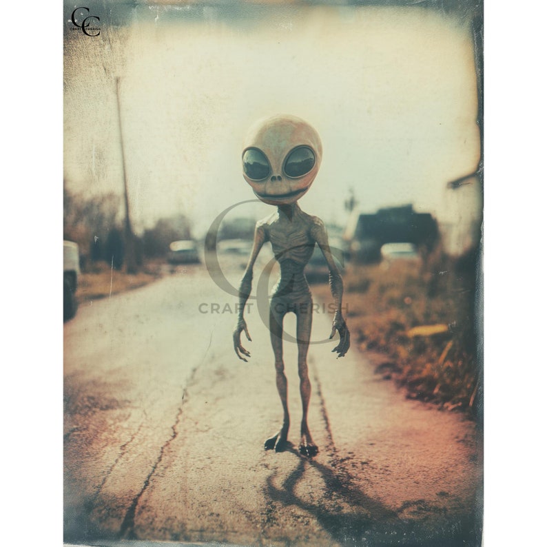 May include: A digitally enhanced image of an alien figure standing on a cracked asphalt road. The alien has a large head, big black eyes, and a slender body. The background shows a blurred street scene with parked cars and buildings.