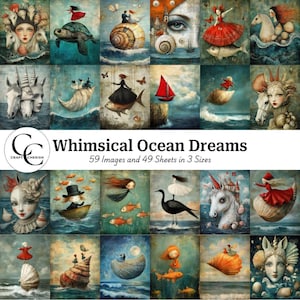59 Wunderliche Ozean Traum druckbare Bilder, surrealer Ozean, Mädchen mit Muscheln, Junk Journals, Sammelalben, hohe Qualität, digitaler Download