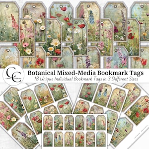 Botanical Mixed-Media Bookmark Tags, Vintage Spring Inspired Tags, Floral Collage Tags, Junk Journal, Ephemera, Scrapbook, Digital Download