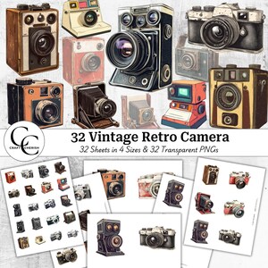 May include: A collection of vintage retro camera illustrations in various colors and styles. The image includes multiple cameras, with some arranged in a grid and others as individual designs. Text reads "32 Vintage Retro Camera".
