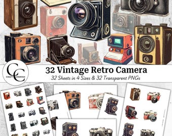 May include: A collection of vintage retro camera illustrations in various colors and styles. The image includes multiple cameras, with some arranged in a grid and others as individual designs. Text reads "32 Vintage Retro Camera".