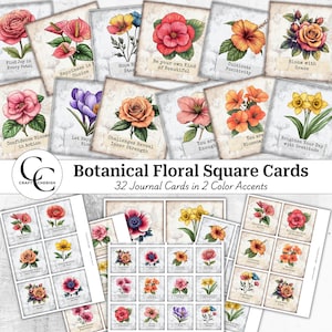 Botanical Floral Square Cards, Antique Botanical Illustration, Vintage Flower Square Tag, ATC Print, Floral Ephemera Sheets, Junk Journal