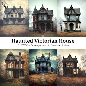 36 Arte de casas victorianas embrujadas antiguas, casa gótica abandonada, foto de casa misteriosa, manualidades de papel, diario basura, álbum de recortes, descarga digital, CU