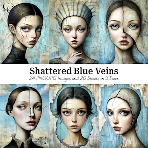 24 Shattered Blue Veins Women Images, Surrealistyczny portret kobiety, Papierowe rzemiosło, Ephemera, Junk Journal, Album, Wysoka jakość, Pobieranie cyfrowe