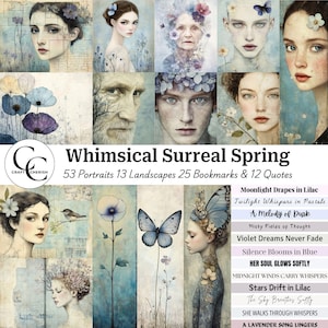 Whimsical Spring Portrait Art: Surreal Ephemera for Junk Journals (Digital Download)