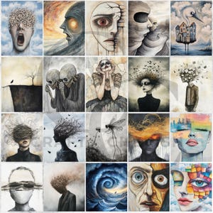 May include: A collection of 20 surreal art prints, each depicting introspective and emotional themes. The artwork features a variety of styles, including portraits, landscapes, and abstract compositions, with a predominantly grayscale and muted color palette. The prints explore themes of anxiety, isolation, and the human condition.