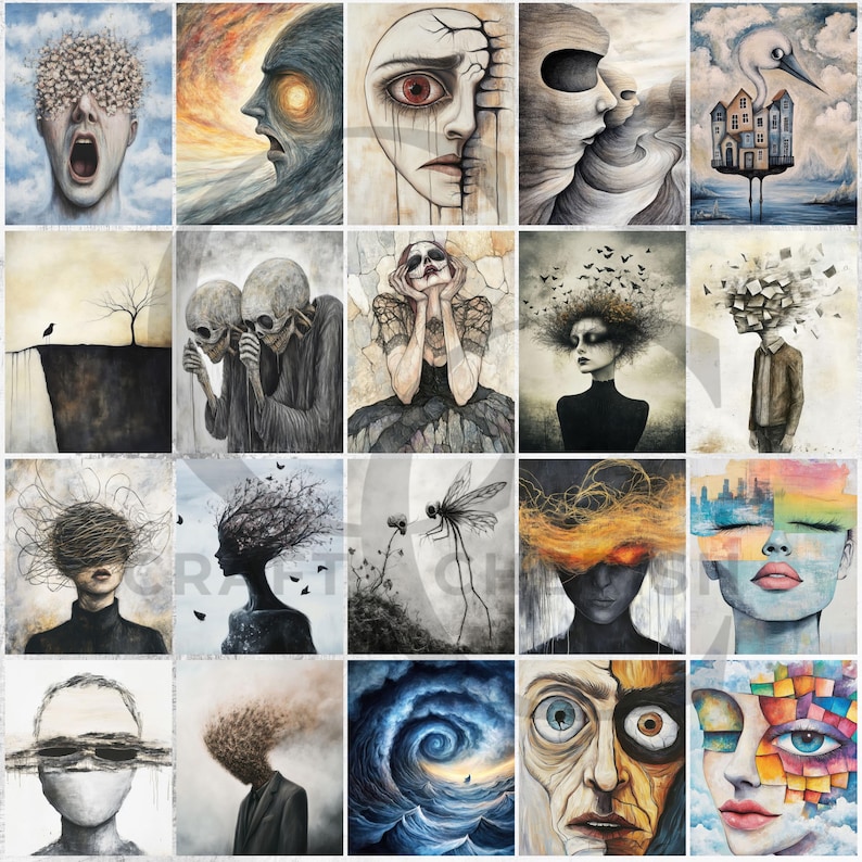 May include: A collection of 20 surreal art prints, each depicting introspective and emotional themes. The artwork features a variety of styles, including portraits, landscapes, and abstract compositions, with a predominantly grayscale and muted color palette. The prints explore themes of anxiety, isolation, and the human condition.
