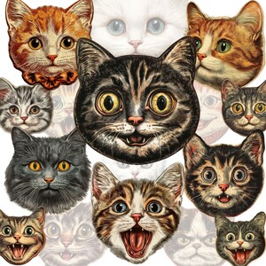 May include: A collage of vintage cat faces in various colors and expressions. The cats have detailed fur patterns, with some wearing bow ties. The collection includes orange, gray, and tabby cats with wide eyes and open mouths.