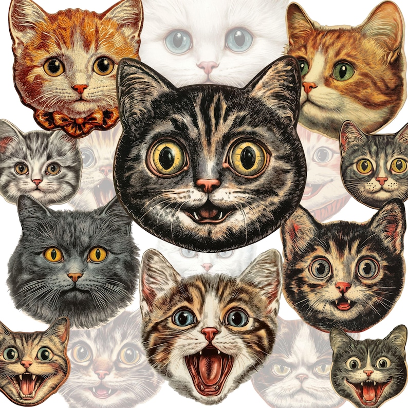 May include: A collage of vintage cat faces in various colors and expressions. The cats have detailed fur patterns, with some wearing bow ties. The collection includes orange, gray, and tabby cats with wide eyes and open mouths.