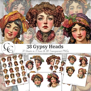 38 arte de cabeza gitana, clipart de cabeza gitana vintage, mujer romaní, hojas de efímeras vintage, paquete PNG transparente de corte quisquilloso, collage imprimible