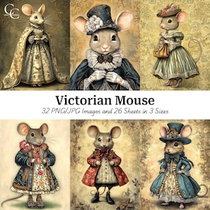 32 Viktorianische Maus in Outfit druckbare Bilder, niedliche Vintage Mäuse, Papiermodelle, Junk Journals, Sammelalben, hohe Qualität, digitaler Download, Cu