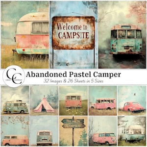 32 imágenes de caravanas abandonadas en tonos pastel, vehículos antiguos en ruinas, imágenes imprimibles para manualidades de papel, álbumes de recortes y diarios. Alta calidad, descarga digital.