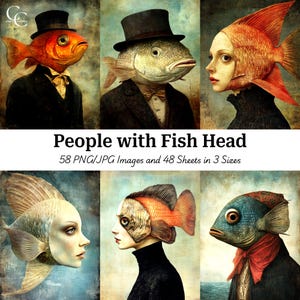 58 Fischkopf Menschen Porträt Bilder, surreale wunderliche Fisch Gesicht Menschen, Papiermodelle, Scrapbooking, Junk Journaling, Sofort Download