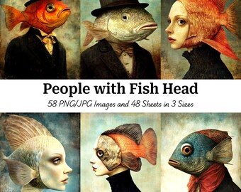 Bilder på fiskhuvuden och människor: Surrealistiska havsdjur, digital konst för skräpjournaler (digital nedladdning)