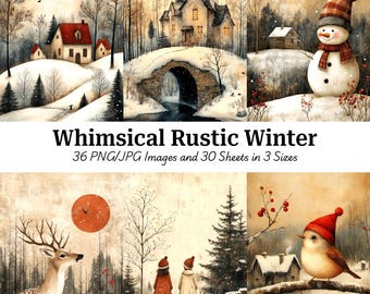 Rustic Winter Landscape Illustrations: Farmhouse Art Prints (Digital Download)