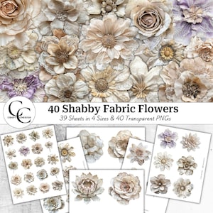 40 Shabby Fabric Collage Flowers, Vintage Blooms, Transparent PNG, Papercraft, Junk Journal, Scrapbook, Wysoka jakość, Pobieranie cyfrowe, CU
