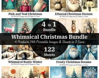 Può includere: Un pacchetto di arte digitale con temi natalizi stravaganti. L'immagine mostra varie illustrazioni, tra cui un angelo rosa e verde acqua, uno schiaccianoci, Babbo Natale e scene invernali. Il testo recita "Whimsical Christmas Bundle" con più immagini stampabili.
