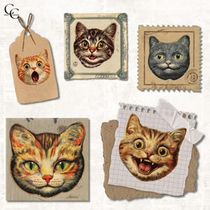 May include: A collection of vintage-style cat illustrations. The images include a tag, stamps, and paper cutouts, each featuring a different cat face with various expressions and colors, such as orange, gray, and brown.