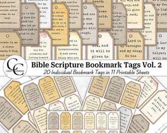 May include: A collection of 20 printable Bible scripture bookmark tags in various designs. The tags feature inspirational quotes and verses from the Bible, with a vintage aesthetic. The text "Bible Scripture Bookmark Tags Vol. 2" is displayed.