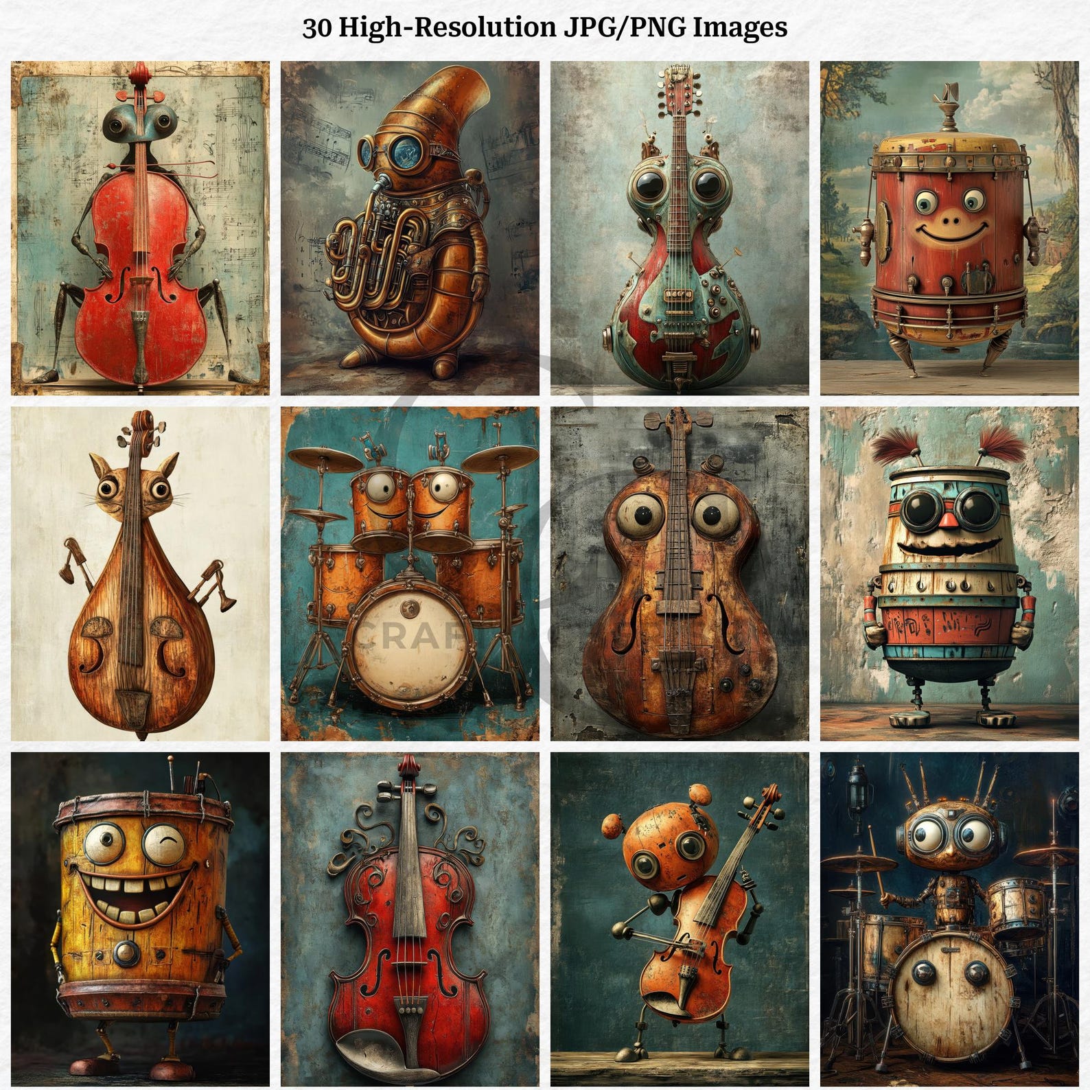 Whimsy Instruments Music Instrument Digital Art Bundle, 30 Whimsical Printable Images for ...