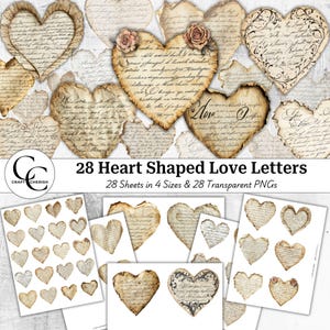 28 Cartas de amor em forma de coração, Cartas de amor vintage em forma de coração, PNG transparente efêmera, Papel artesanal, Diário, Alta qualidade, Download digital, CU