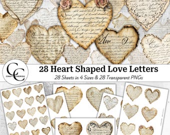 May include: A collection of heart-shaped paper cutouts with aged, vintage-style script and floral accents. The image includes individual hearts and sheets of hearts, with the text "28 Heart Shaped Love Letters". The color palette is primarily beige and brown.