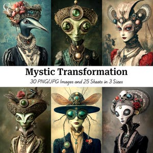 Puede incluir: Arte digital que presenta seis retratos de seres fantásticos con tocados y joyas elaborados. El texto "Mystic Transformation" se muestra debajo de las imágenes, junto con detalles sobre los archivos de imagen.