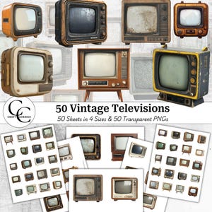 50 collages de televisores de la vieja escuela, televisores antiguos, imágenes transparentes, collages efímeros, manualidades con papel, diario basura, álbum de recortes, descarga digital