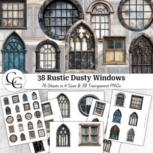 Puede incluir: Una colección de imágenes digitales con varios diseños de ventanas rústicas. Las ventanas tienen diferentes formas, incluyendo arcos, círculos y estilos góticos, con texturas desgastadas y apariencias envejecidas. El texto "38 Rustic Dusty Windows" está incluido.