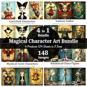 Paquete de 148 ilustraciones de personajes mágicos, personajes de ajedrez extravagantes, ilustraciones de paquetes de cartas, personajes del tarot, arte del zodíaco de fantasía, descarga digital