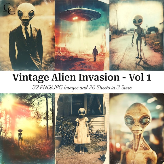 Vintage Alien Invasion Art, Sci-Fi UFO Photos (Digital Download)