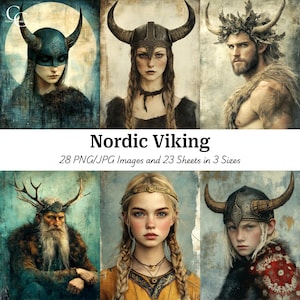 28 images de portrait de Viking nordique, création en papier illustration fantaisiste surréaliste fantastique, journal indésirable, téléchargement numérique éphémères, CU
