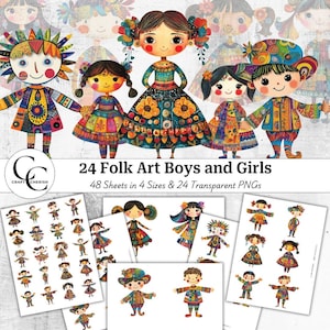 24 Whimsical Little Boys & Girls, Folk Art Style, Transparent Girl Clipart, Spring Girl Clipart, Printable Images, Journal, Digital Download