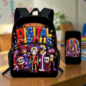 May include: A black backpack and a matching rectangular pencil case, both featuring a colorful graphic print of The Amazing Digital Circus characters and the show's title in bold, glittery, multi-colored 3D lettering against a dark background.