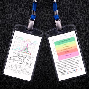 Könnte beinhalten: Zwei transparente Ausweishalter mit blauen Lanyards. Jeder Halter enthält eine bedruckte Karte mit medizinischen Diagrammen und Texten zu Hörtests. Eine Karte zeigt ein Diagramm und die andere eine farbcodierte Tabelle mit Text.