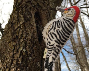 Felt Red Bellied Woodpecker, Fiber Art Woodpecker, Bird Sculpture, Felt Bird, Gift for Bird Lover, Fiber Art Bird, Bird Embroidery