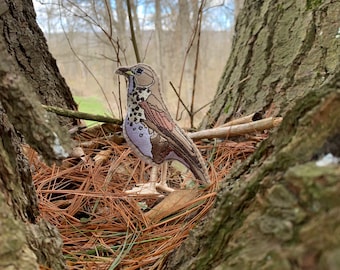 Bicknell’s Thrush Embroidered Bird, Fiber Art Bird, Bird Sculpture