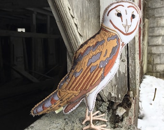 Embroidered Barn Owl, Fiber Art Owl, Gift for Bird Lover, Owl embroidery, Owl Sculpture, Bird of Prey, Owl Sculpture, Soft Sculpture