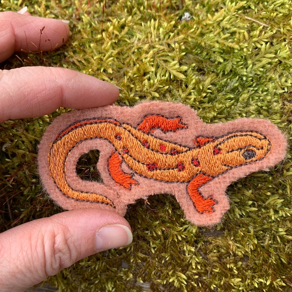 Salamander Patch, Red Eft Patch, Embroidered Red Eft, Wool Salamander Patch, Sew on Patch, Embroidered Patch