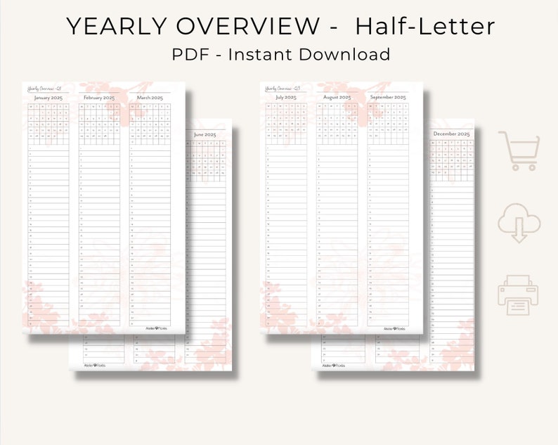 2025 Yearly Overview Printable Planner With Beautiful Floral Design in ...
