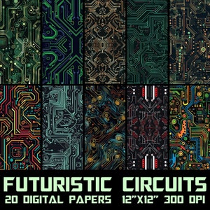 Può includere: 20 carte digitali con disegni di schede a circuito futuristiche in vari colori, tra cui verde, blu, rosso, giallo e arancione. Ogni carta misura 30,48 cm per 30,48 cm e ha una risoluzione di 300 DPI.