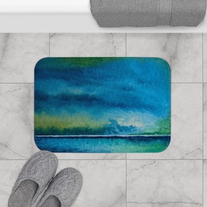Ocean Aquarell Badematte Teppich, Küsten Badezimmer Dekor, Blau & Grün Meereswellen, Nautisches Strand Haus Geschenk, rutschfeste Duschmatte, Haus am Meer