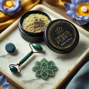 May include: A black jar containing green powder, labelled "Mindful Puffs Blue Lotus". The jar is on a white marble tray with a green jade roller, a green jade stone, and blue and yellow lotus flowers.