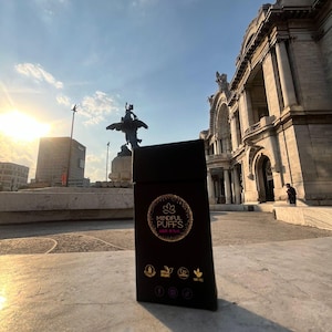 Può includere: Una scatola nera con la scritta "Mindful Puffs" in oro e un design a fiore di loto. La scatola è su una superficie di cemento, con un edificio e una statua sullo sfondo sotto un cielo blu.