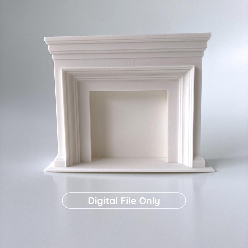 Puede incluir: Una chimenea blanca en miniatura con una abertura rectangular y una parte superior detallada y en capas. El texto "Digital File Only" se muestra en la parte inferior. Es probable que sea una pieza decorativa o un modelo.