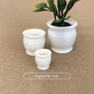 May include: Three white miniature flower pots of varying sizes. One pot contains a small green plant. The pots are arranged on a light brown surface. The text "Digital File Only" is displayed at the bottom.