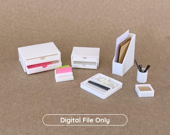 Conjunto de escritorio STL 1:12 - Miniaturas para casa de muñecas - Cajones, portalápices - Archivos para impresión 3D