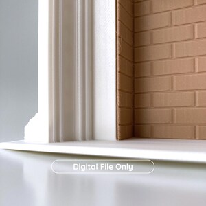 Puede incluir: Una repisa blanca con una columna decorativa y una pared con patr&oacute;n de ladrillos. El texto "Digital File Only" se muestra en la repisa. La paleta de colores es neutra, con tonos de blanco, beige y gris.
