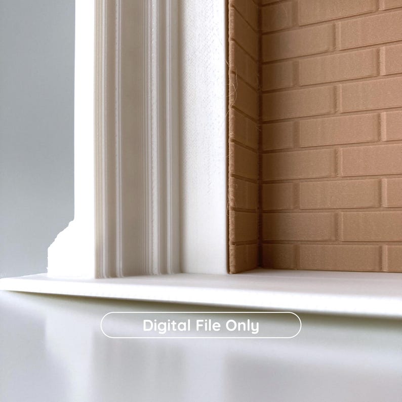 Puede incluir: Una repisa blanca con una columna decorativa y una pared con patr&oacute;n de ladrillos. El texto "Digital File Only" se muestra en la repisa. La paleta de colores es neutra, con tonos de blanco, beige y gris.