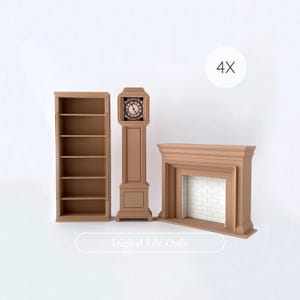 STL-Datei für ein Wohnzimmer-Miniaturset im Maßstab 1:12 – Kamin, Bücherregal & Standuhr – Puppenhausmöbel – Datei für den 3D-Druck